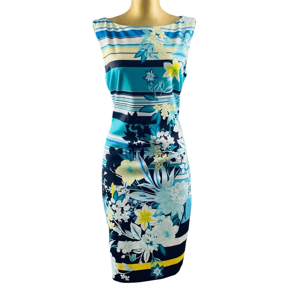 Cache Womens Sheath Dress Hawaiian Floral Stripe Career Stretch Tropical Size 12